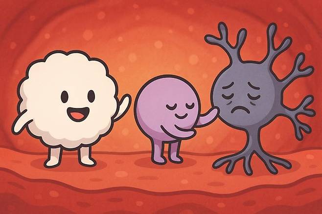 4일 학계에 따르면 미국 캘리포니아대학교 샌프란시스코(UCSF) 연구팀은 백혈구의 일종으로 알려진 '조절T세포(Tregs)'가 염증을 억제하는 것뿐 아니라, 신경세포에 직접 작용해 통증을 줄이는 역할까지 수행한다는 연구 결과를 발표했다. 사진은 조절T세포(가운데)와 백혈구(왼쪽)가 통증을 느끼는 신경세포를 진정시키는 기전을 챗GPT가 캐릭터화한 모습. (사진=챗GPT) *재판매 및 DB 금지