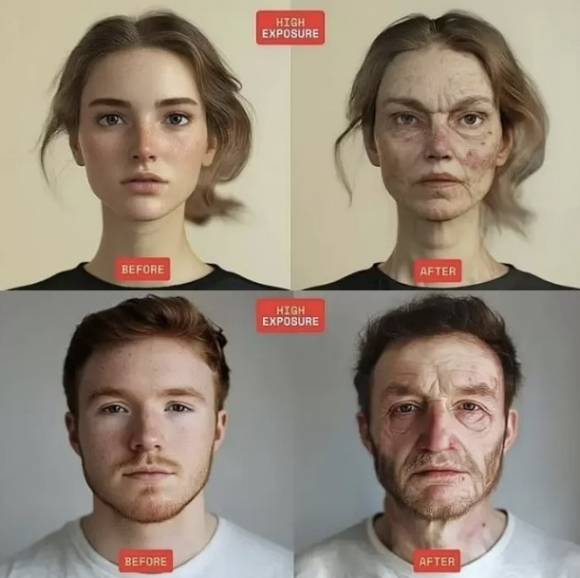 미세 플라스틱 노출 전과 고농도 노출 시 얼굴 변화 예측. 비즈니스웨이스트 제공