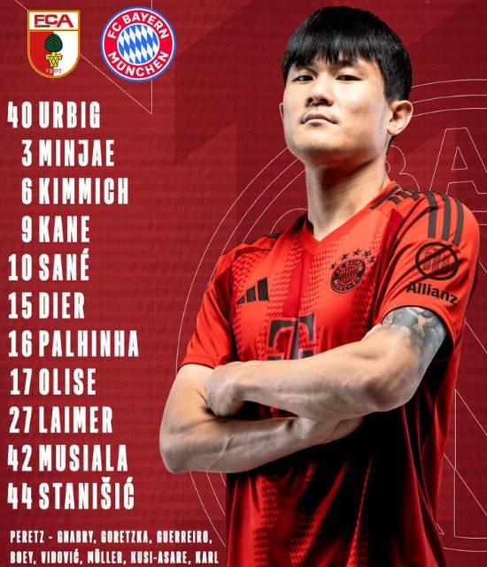 바이에른 뮌헨의 아우크스부르크전 스타팅 라인업. 사진은 김민재. /사진=바이에른 뮌헨 공식 SNS 갈무리