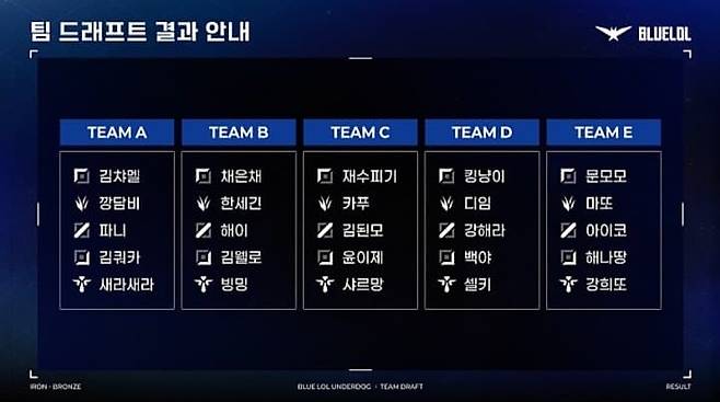 - 모든 선수가 아이언, 브론즈 티어이며 디임, 김된모를 제외한 나머지 선수들은 모두 버추얼 스트리머다