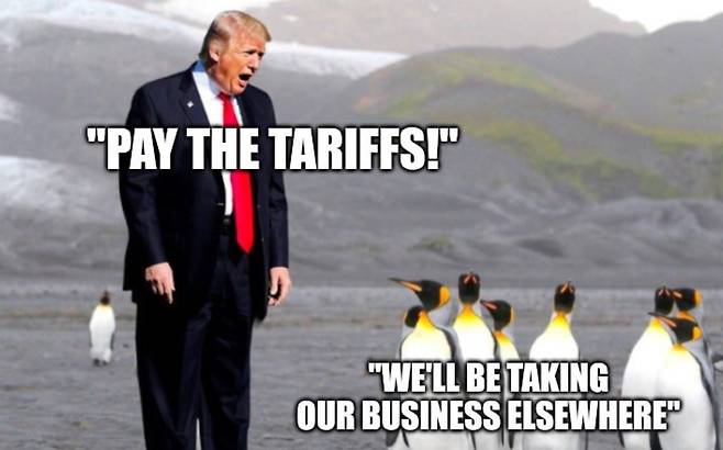 도널드 트럼프 행정부가 남극의 무인도 '허드 맥도널드 제도'에 관세를 부과한 것을 풍자하는 밈./ 엑스(X)