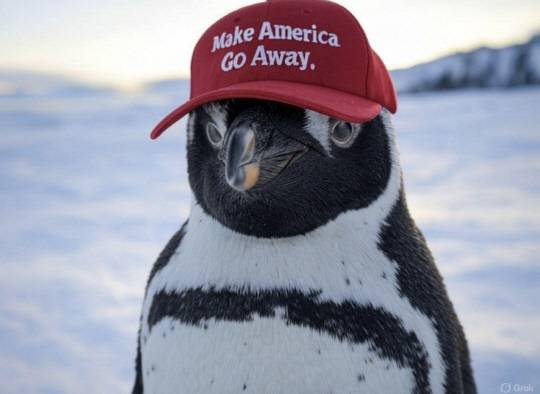 트럼프 대통령의 대표 선거 구호 'Make America Great Again'을 비튼 'Make America Go Away(미국은 꺼져라)' 모자를 쓴 펭귄 밈. X 캡처.