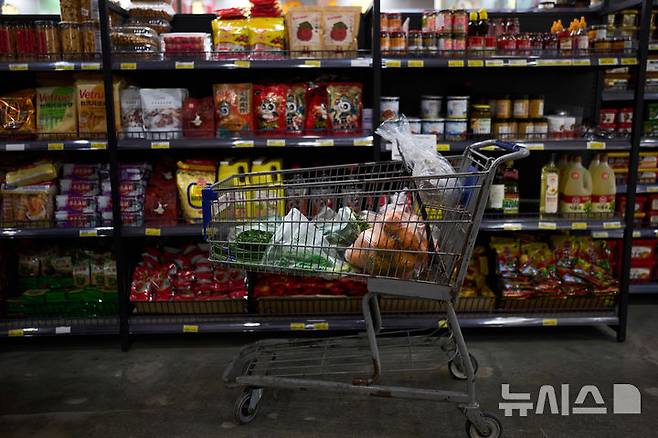 [롤랜드하이츠(미 캘리포니아주)=AP/뉴시스]미 캘리포니아주 롤랜드하이츠의 한 아시아 식품점에 3일 식료품들을 가득 실은 쇼핑 카트가 서 있다. 도널드 트럼프 미 대통령의 상호관세 부과 발표로 거의 모든 품목들의 가격이 급등할 것으로 우려하는 미국인들 사이에 사재기 열풍이 일고 있다고 월 스트리트 저널(WSJ)이 보도했다. 2025.04.06.