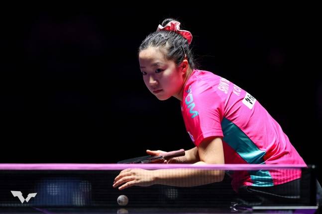 한국의 신유빈이 인천광역시 중구의 인스파이어 아레나에서 열린 'WTT(월드테이블테니스) 챔피언스 인천 2025' 여자단식에서 경기하고 있다. /사진=WTT 챔피언스 조직위원회 제공