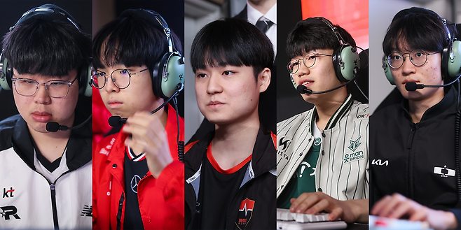 KT '웨이' 한길, T1 '사이퍼' 김유준, 농심 '크랙' 노지성, OK저축은행 '함박' 함유진, 디플 기아 '베르' 이준민(왼쪽부터, 사진=LCK CL 제공).