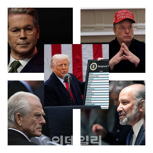 도널드 트럼프 미국 대통령을 중심으로 스콧 베센트(왼쪽 시계방향) 미 재무장관, 일론 머스크 테슬라 최고경영자(CEO), 하워드 러트닉 미 상무장관, 피터 나바로 백악관 무역·제조업 담당 고문(사진=AFP)