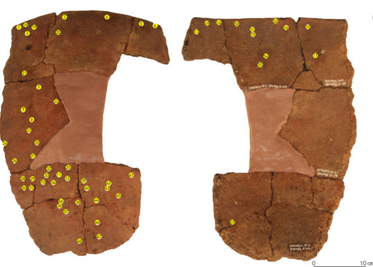 문암리에서 출토된 토기에서 식물 씨앗이 눌린 자국(노란 점)이 발견됐다. 국립문화유산연구원