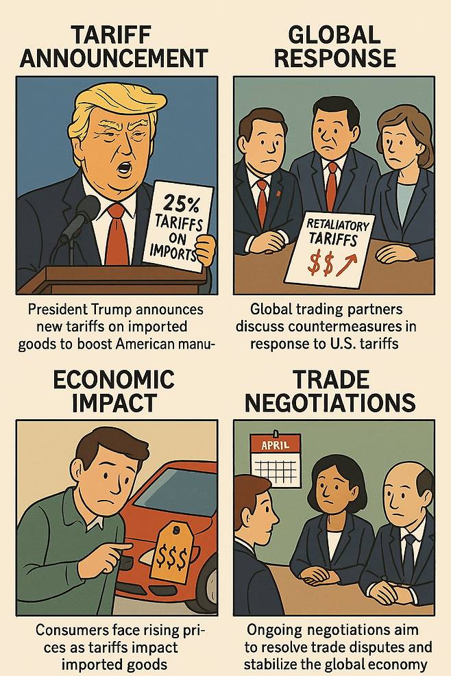 챗 GPT에 "트럼프의 관세전쟁"을 주제로 4컷 만화를 만들어줘"라고 명령하자 그려낸 웹툰./김영은 기자