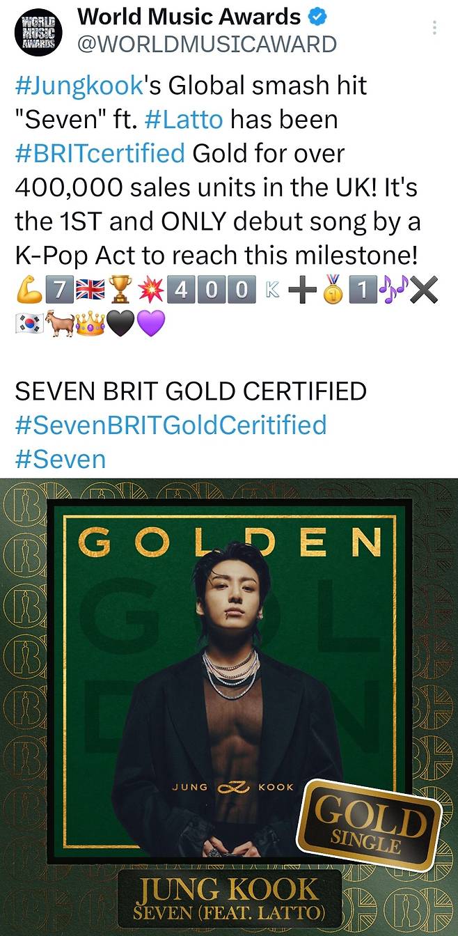 방탄소년단 정국 'Seven', 英음반산업협회 '골드' 인증 획득..K팝 가수 데뷔곡 최초·유일
