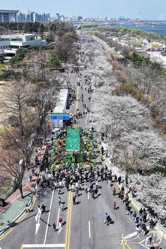 8일 서울 영등포구 여의도 윤중로에서 열리는 2025 여의도 봄꽃축제를 찾은 찾은 상춘객들이 벚꽃길을 걸으며 봄을 만끽하고 있다. 2025.4.8/뉴스1 ⓒ News1 김진환 기자