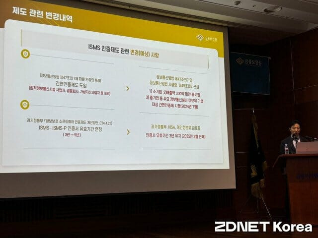 최지훈 금융보안원 선임심사원이 3월 27일 서울 여의도 금융투자협회에서 열린 ‘ISMS-P 인증 설명회’에서 발표하고 있다.(사진=유혜진 기자)