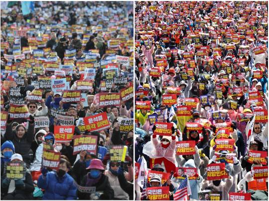 지난 3월29일 서울 종로구 광화문 일대에서 윤석열 당시 대통령 파면 찬반 집회가 열리고 있다. 왼쪽은 윤석열 즉각 퇴진 사회대개혁 17차 범시민대행진, 오른쪽은 자유통일당 탄핵 반대 집회.<연합뉴스 사진>