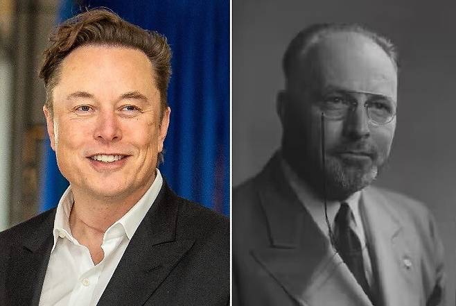 일론 머스크(왼쪽)가 맡고 있는 미국 정부효율부가 공무원 대량 감원을 추진하고 있는 데는 그의 외조부인 조슈아 홀드먼(오른쪽)의 테크노크라시 사상이 영향을 끼치고 있다는 분석이 나왔다. 사스캐처원주기록보관소, 위키미디어 코먼스