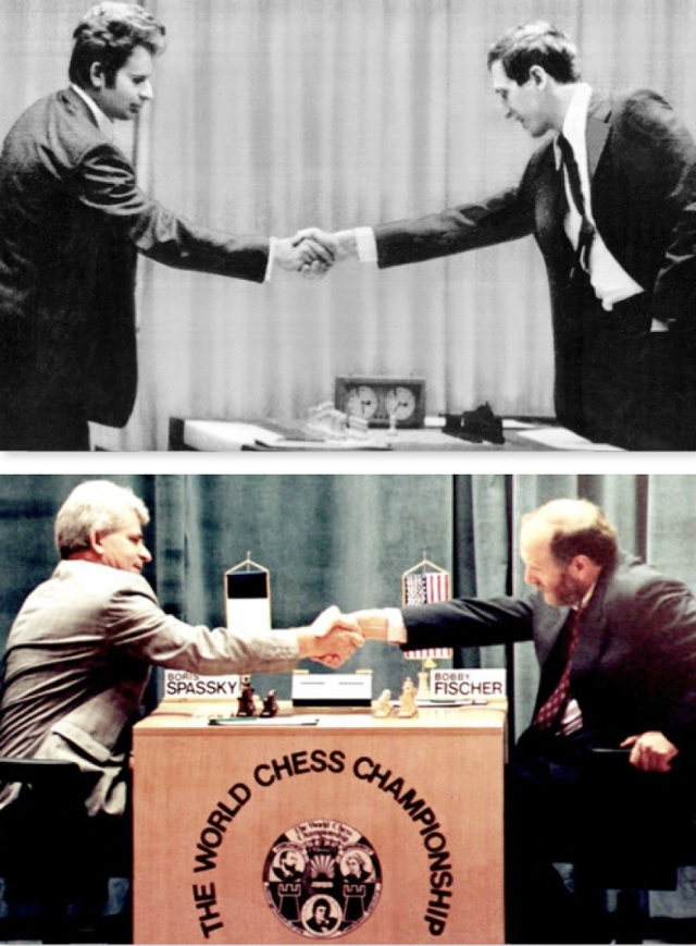 1972년 세기의 대결 당시의 스파스키(위 사진 왼쪽)와 피셔. 아래 사진은 20년 뒤인 92년 구 유고슬라비아에서 열린 리턴 매치 당시의 스파스키(왼쪽)와 피셔. AP, AFP 연합뉴스