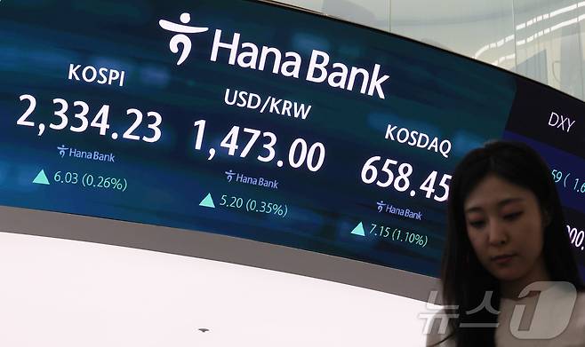 8일 서울 중구 하나은행 딜링룸 전광판에 종가 현황이 표시돼 있다./뉴스1 ⓒ News1 박세연 기자