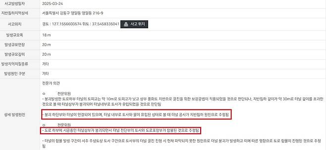 서울시가 강동구 명일동 싱크홀 사고와 관련해 지하안전정보시스템에 신고한 내용. /지하안전정보시스템
