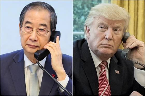 한덕수(왼쪽) 대통령 권한대행 국무총리, 도널드 트럼프 미국 대통령. 연합뉴스