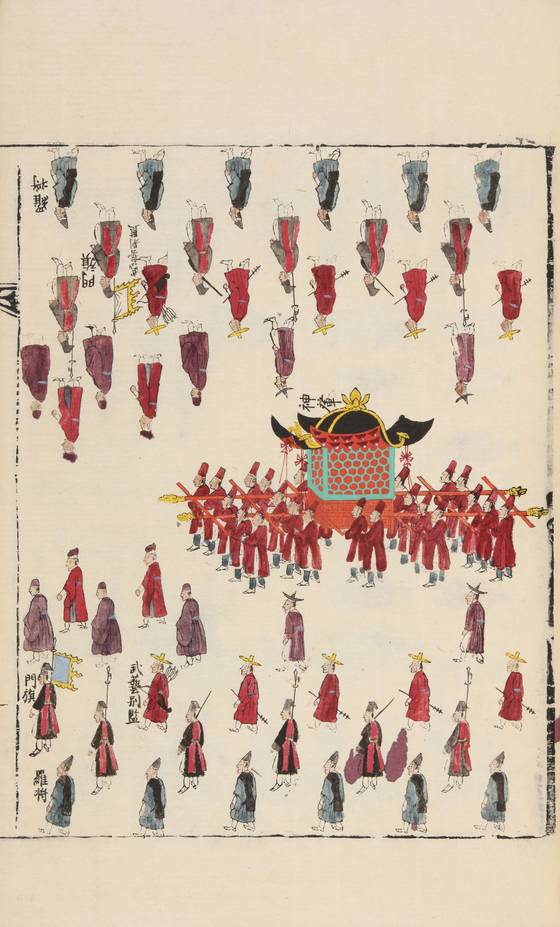 국보 ‘종묘 정전’의 보수 정비 공사가 5년 만에 완료됨에 따라 오는 20일 조선 왕과 왕비의 신주 49위를 종묘 정전으로 다시 모셔오는 ‘환안제’가 열린다. 사진은 이번 환안제에 쓸 가마 가운데 신연(神輦, 궁궐 밖에서 신주를 모실 때 사용하는 가마)이 묘사된 이환안반차도(移還安班次圖). 사진 국가유산청