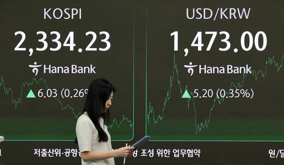 A screen in Hana Bank's trading room in central Seoul shows the Kospi closing at 2,334.23 points on April 8, up 6.03 points, or 0.26 percent, from the previous trading session. [NEWS1]