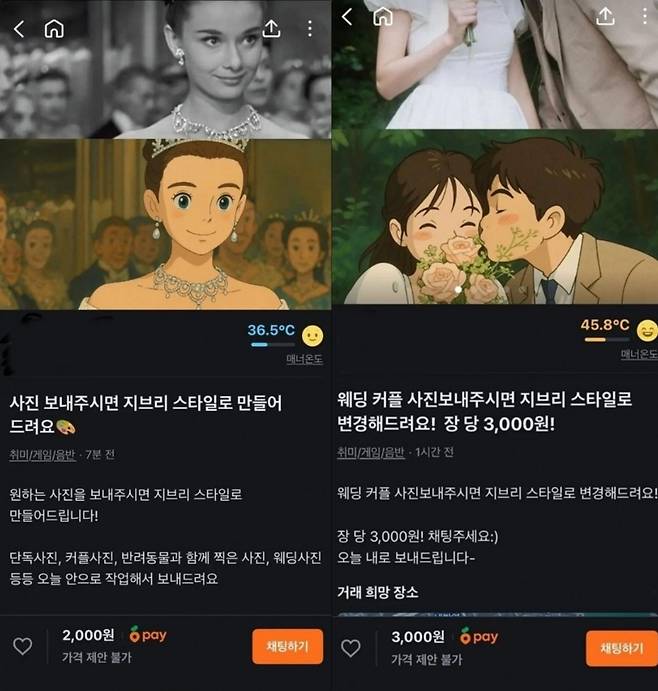 챗GPT를 이용해 ‘스튜디오 지브리’ 등 유명 애니메이션 화풍을 흉내낸 이미지를 만드는 것이 유행하면서 중고거래 플랫폼에서도 일정 금액을 받고 그림 제작을 해주겠다는 이들이 등장했다. ‘당근’에 올라온 관련 게시물. 온라인 커뮤니티 캡처