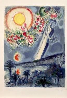 마르크 샤갈, 니스 하늘의 약혼자(Fiances dans le ciel de Nice), 1967, Lithographs printed in colours. (C) Chagall ®, by SIAE 2025. / 사진 = 아튠즈 제공