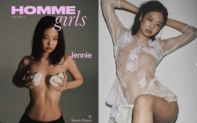블랙핑크 제니가 또 한 번 파격적 노출 의상으로 이슈의 중심이 되고 있다. /사진=패션 매거진 옴므걸스 인스타그램