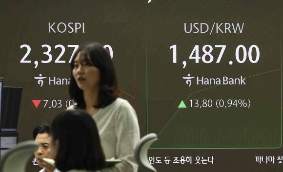 한때 1487원 도달한 원달러 환율 - 외환시장에서 원·달러 환율은 전 거래일 주간거래 종가(1473.2원)보다 10.8원 오른 1484원에 출발한 9일 서울 중구 하나은행 딜링룸 전광판에 지수가 표시되고 있다. 2025.04.09. 뉴시스