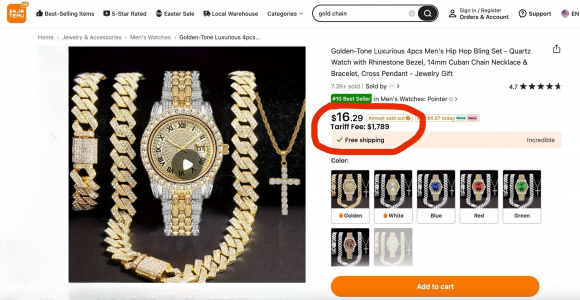 한 미국 소비자가 올린 중국 온라인 쇼핑몰 테무의 시계 광고. 시계 가격이 16.29달러인데 비해 관세 비용이 1789달러(약 264만원)라고 표기되어 있다. 엑스 캡처