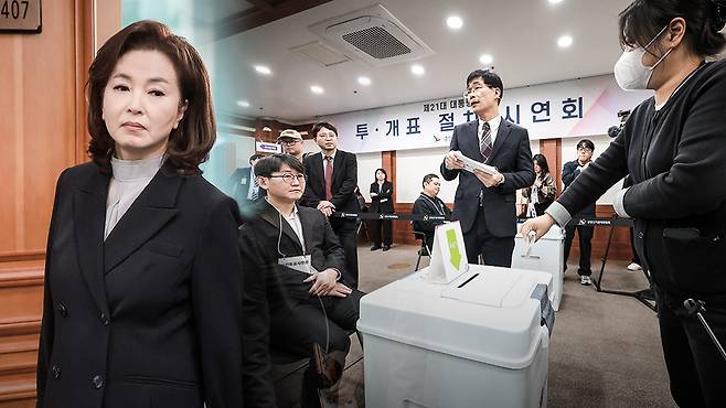 '제21대 대통령선거 투·개표 절차 시연회' 시연회 참석한 김민전 의원(왼쪽)과 투표 시연하는 선관위 관계자(오른쪽)