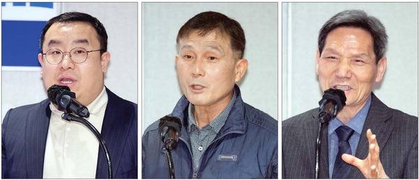 10일 부산롯데호텔에서 열린 제8회 탄소중립에너지 대전환포럼에서 (왼쪽 사진부터) 이채진 코끼리공장 대표, 서병희 포도농원 은기원 대표, 박창희 부산걷는길연합 이사장이 사례 발표를 하고 있다.  전민철 기자