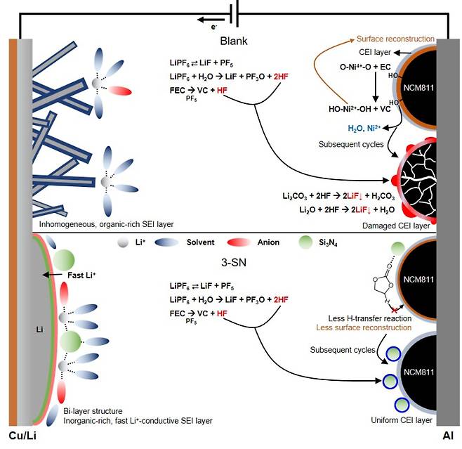 리튬금속전지에서 나노 질화규소 첨가제의 작동 메커니즘. 나노질화규소 전해질이 리튬금속전지의 양극과 음극에서 각각 어떤 반응을 통해 좋은 SEI층, CEI층을 형성하고 고속 충·방전, 고전압, 고온 안정성을 높였는지에 대한 그림으로, 고온 및 고전압에서 전해질의 분해에 의해 HF가 발생하고, 나노질화규소가 이를 포집하는 방식을 보여준다. KAIST