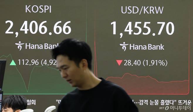 (서울=뉴스1) 허경 기자 = 장 초반 코스피200선물 지수가 6% 가까이 치솟으면서 유가증권시장에 매수 사이드카가 발동한 10일서울 중구 하나은행 본점 딜링룸 전광판에 증시가 표시되고 있다. 코스피 매수 사이드카가 발동된 것은 글로벌 증시가 급락했다가 반등한 지난해 8월 6일 이후 8개월여 만이다. 2025.4.10/뉴스1  Copyright (C) 뉴스1. All rights reserved. 무단 전재 및 재배포,  AI학습 이용 금지. /사진=(서울=뉴스1) 허경 기자