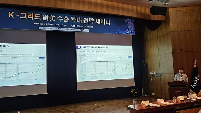 강성수 HD현대일렉트릭 수석매니저가 지난 9일 서울 서초구 코트라에서 대한전기협회가 주최한 ‘K-그리드 대미 수출 확대 전략 세미나’에서 발표하고 있다. [고은결 기자]