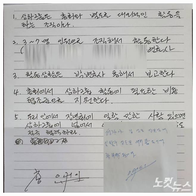 신천지 이만희 교주가 총회와 별도로 대외적인 활동을 위해 상하그룹을 조직하라고 지시하는 친필 메모. 아래 메모는 이만희 교주가 김평화 행정서무에게 활동비를 김인호 변호사에게 지급하라고 지시한 내용.