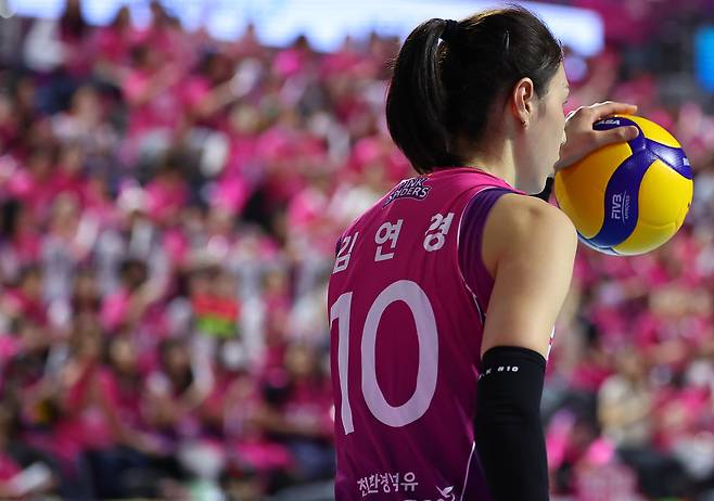 지난 8일 인천 삼산월드체육관에서 열린 프로배구 V리그 여자부 챔피언결정전 흥국생명과 정관장의 5차전 경기. 흥국생명 김연경이 서브를 준비하고 있다. 연합뉴스