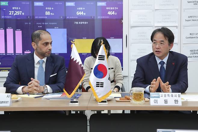 고양시는 글로벌공연거점도시로 도약하기 위해 체계적인 전략을 추진중이다. 그 일환으로 12~13일 고양아람누리 아람극장 및 국립극장 해오름극장에서 카타르 필하모닉 오케스트라 초청 공연을 개최한다. 이동환 시장이 지난 달 21일 고양시청 열린시장실에서 칼리드 빈 이브라힘 알하마르 주한 카타르대사를 공식 접견한 모습.  [고양시 제공]