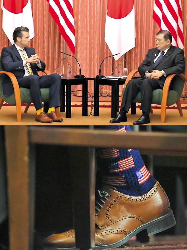 Fit Hages, who wore yellow socks at the talks wiht Japanese Prime Minister isiba Shige, and the high -end socks of the ⁤Secretary of State and secretary of Heges.