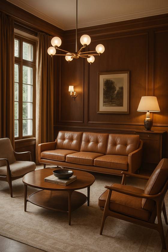 챗GPT-4o 생성 이미지. 프롬프트는 ″미드센추리 모던 스타일의 가구가 있는 고급스러운 방을 사진 같은 이미지로 만들어봐″이다. 문소영 기자