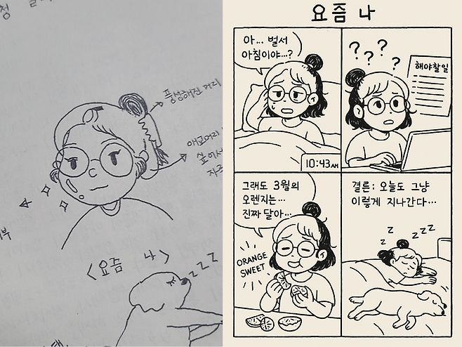 독자가 그린 그림(왼쪽)을 바탕으로 4컷 웹툰을 만들어달라고 챗GPT에 입력하자, 챗GPT가 제작한 웹툰. 이용자의 화풍을 그대로 구현해 제작한 것이 눈에 띈다. [독자 제공]