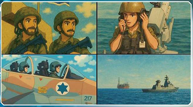 인스타그램에 지브리풍 그림을 검색하면 발견되는 ‘미화 논란’ 이미지들. 이스라엘군은 엑스 공식 계정에 “지브리 유행에 동참한다”는 글과 함께 지브리풍으로 묘사된 이스라엘군 그림을 올렸다. 인스타그램·엑스 캡처