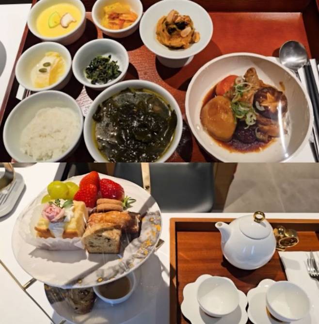 2주 이용 가격이 1300만원을 호가하는 서울 용산구 소재 한 산후조리원의 산모 식사(위). 이 산후조리원에서 일요일마다 제공 중인 애프터눈티 세트(아래). 유튜브 채널 '더들리'