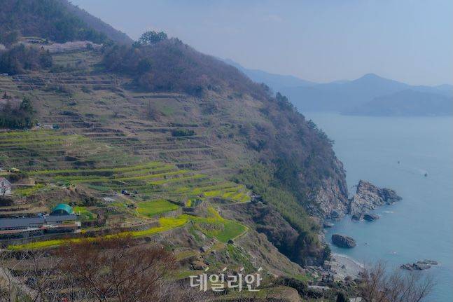다랭이마을의 다랭이논의 절경. 절벽과 바위 사이의 척박한 지형에서 자생하기 위해 만든 계단식 논이다. ⓒ데일리안 배군득 기자