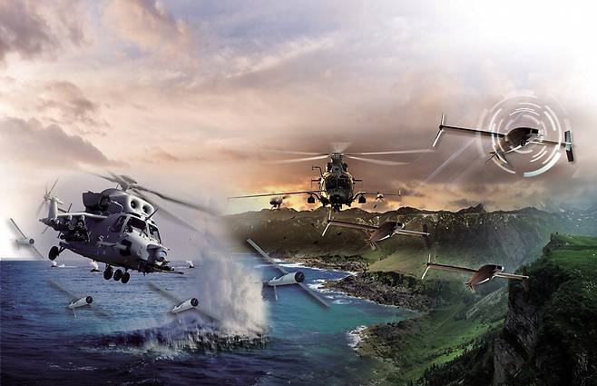 KAI가 개발한 수리온 헬기가 유무인 복합 편대를 이뤄 비행하는 상상도.  KAI