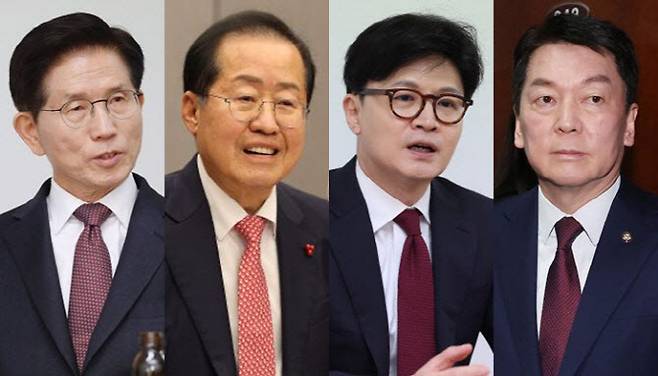 국민의힘 대선 경선 주자. 왼쪽부터 김문수 전 고용노동부 장관, 홍준표 전 대구광역시장, 한동훈 전 국민의힘 대표, 안철수 의원.(사진=연합뉴스)