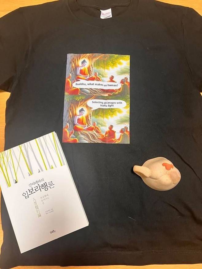 한가온씨(23)가 구매한 불교템.'부처님 무엇이 우리를 인간답게 하나요'라는 문답이 영어로 적힌 티셔츠가 있다. 본인 제공.