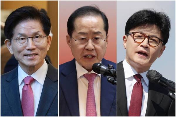 국민의힘 제21대 대통령선거 경선 출마자 중 유력 후보. (왼쪽부터) 김문수 전 고용노동부 장관, 홍준표 전 대구시장, 한동훈 전 대표. 연합뉴스