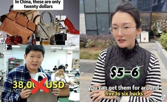 틱톡에서 중국 제조업체 관계자가 명품의 원가와 제조 과정을 공개하는 영상(왼쪽). 중국 인플루언서가 시중 100달러의 룰루레몬의 운동복을 5~6달러에 살 수 있다고 홍보하는 영상(오른쪽). [사진 출처 = 틱톡 캡처]