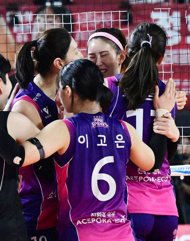 김연경이 동갑내기 친구 김수지에게 볼 키스를 하고 있다. / 한국배구연맹 (KOVO)