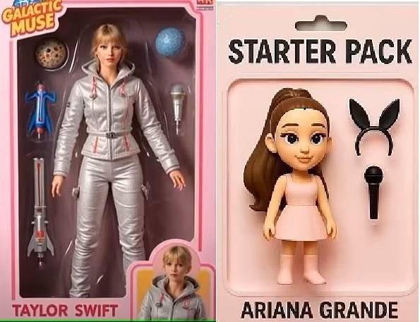 가수 테일러 스위프트(왼쪽)과 아리아나 그란데 사진을 생성형 인공지능(AI) 챗GPT를 활용해 ‘액션 피규어’로 변환한 모습. 데일리메일 캡처