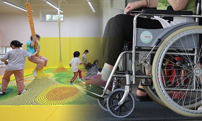 (왼쪽부터) 공공 키즈카페에 어린이들이 뛰어놀고 있다. 휠체어에 탄 한 시민의 모습. 사진은 기사 내용과 직접적 관련 없음. 연합뉴스